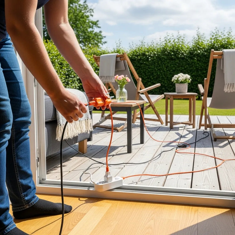 Una persona uniendo alargadores para que la corriente llegue a su terraza
