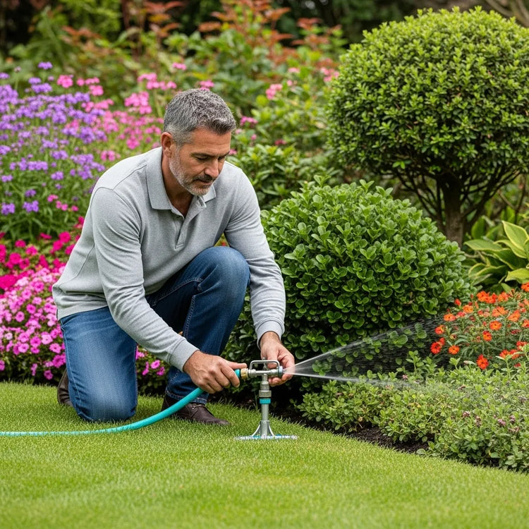 Una persona arreglando cañeria de un jardin