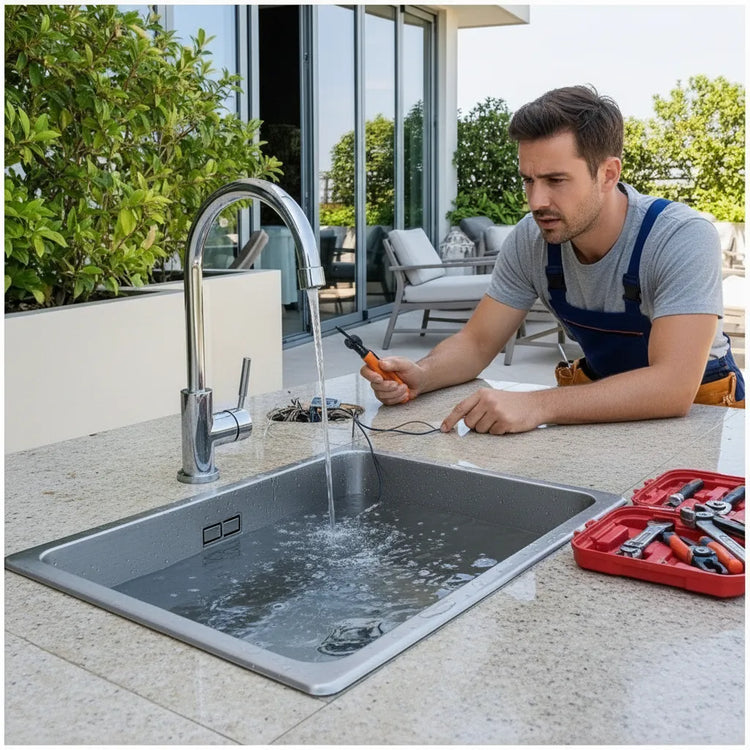 Tecnico revisando la cañeria del lavaplatos de la terraza