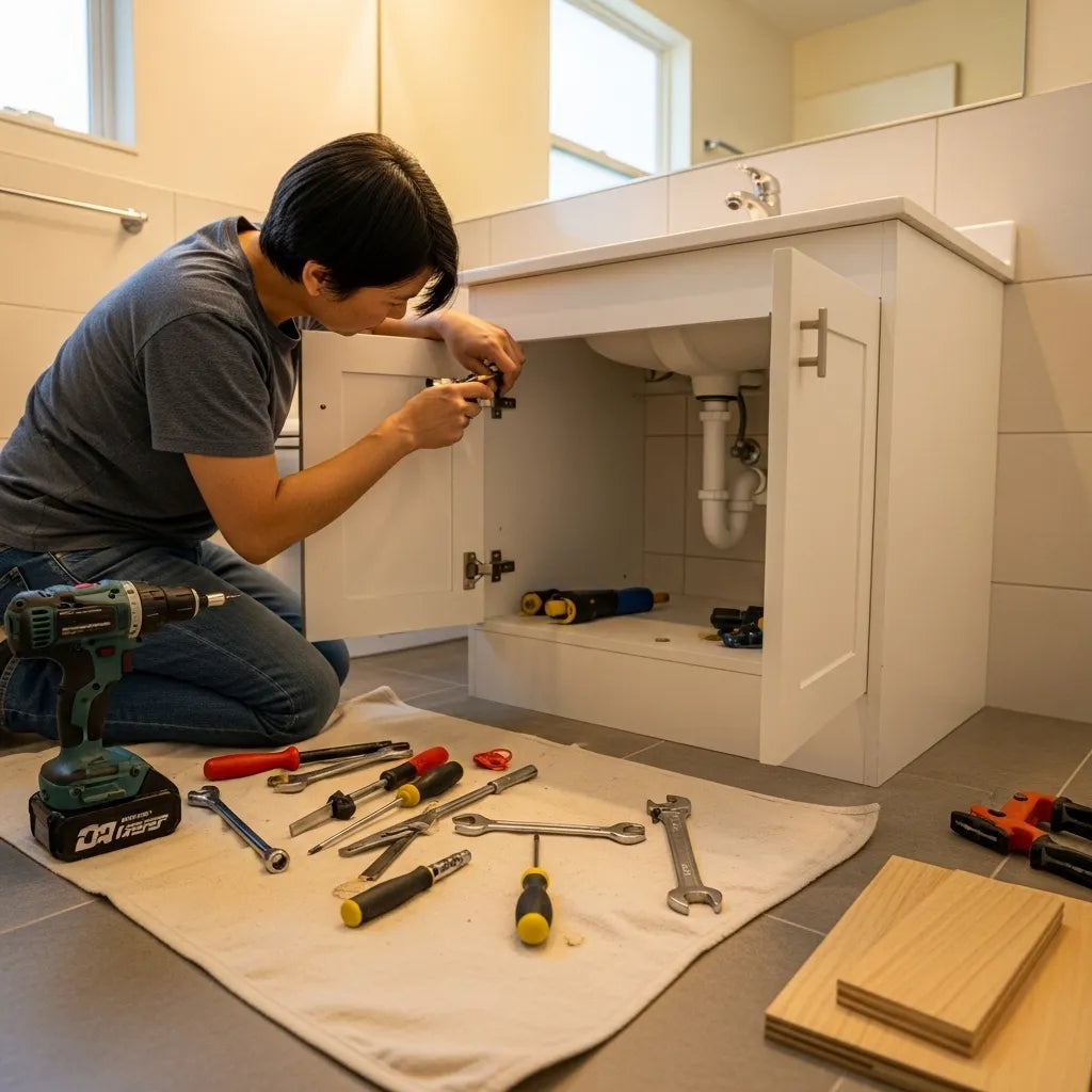 Una persona arreglando bisagra de mueble del baño