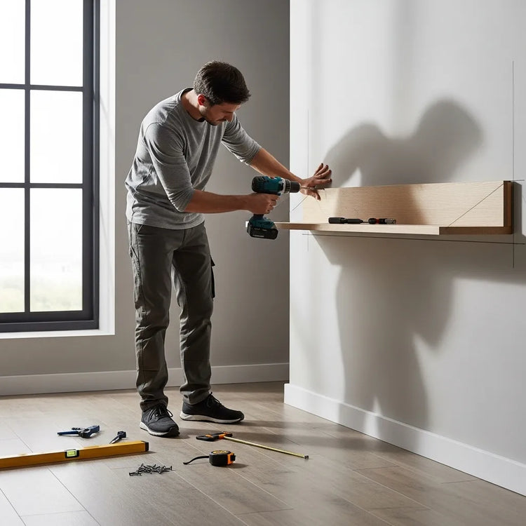 Una persona instalando un rack flotante para TV