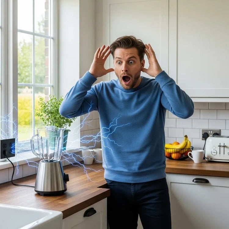 Una persona asustada por el corto que hace licuadora con la corriente