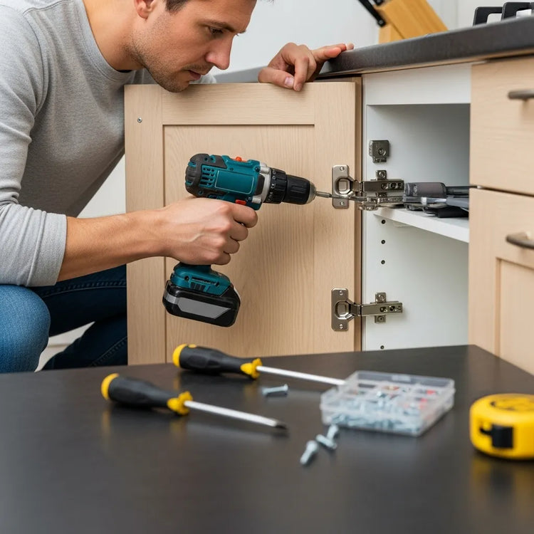 Una persona arreglando bisagra del mueble de la cocina