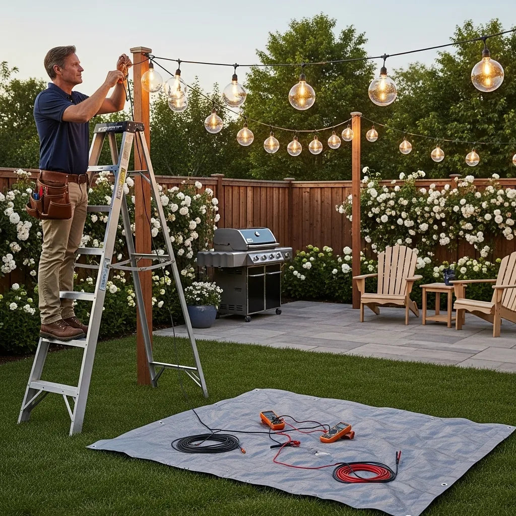 Una persona cambiando los focos de la decoración del jardin