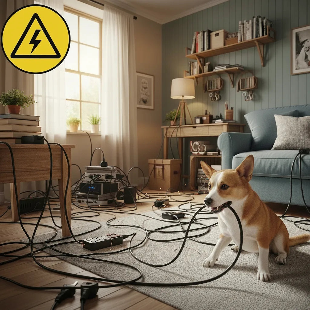 Perro mordiendo los cables de la sala