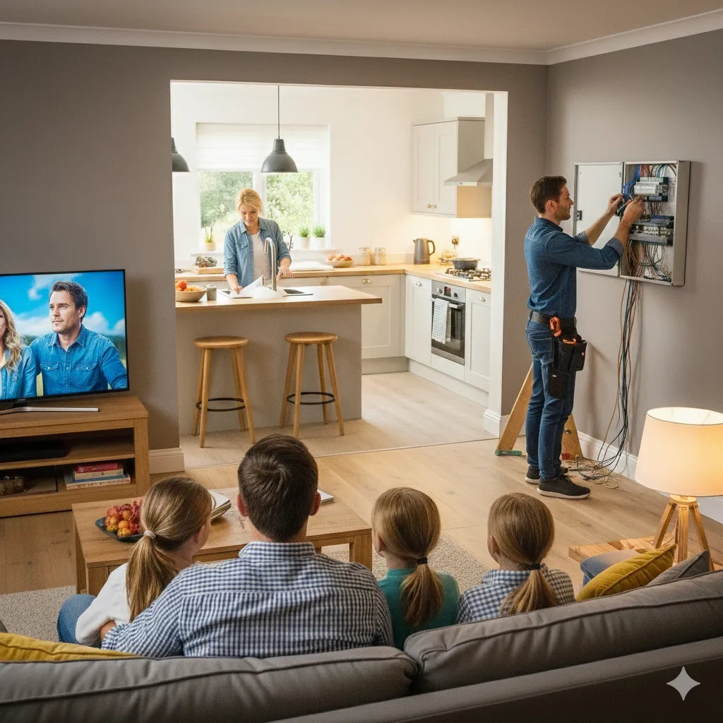 Familia contenta unida, en confianza con el técnico reparando tablero eléctrico.